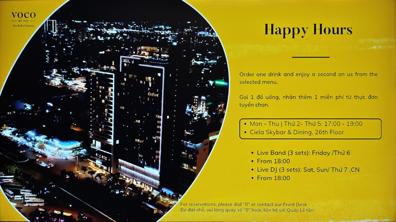 Happy Hour 的指定飲品優惠與週末音樂安排。