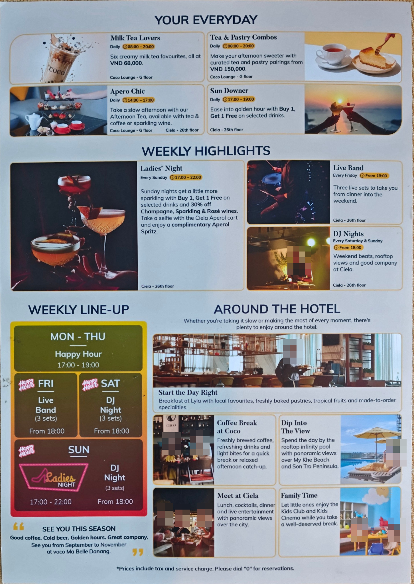 酒店活動摺頁:日常餐飲、每週活動與館內空間;摺頁標示9至11月。